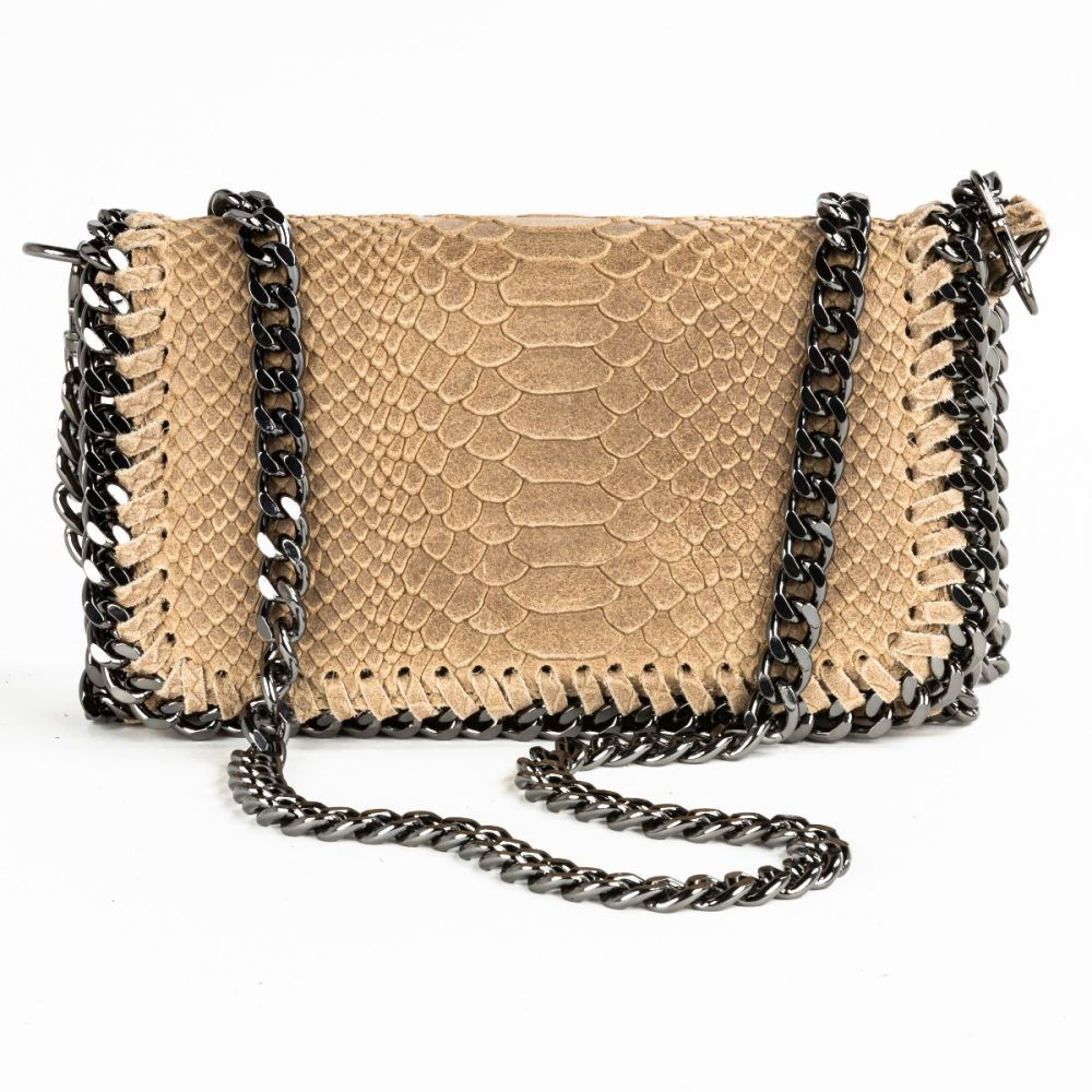 Beige Snakeskin Chain Leather Handbag from Italy