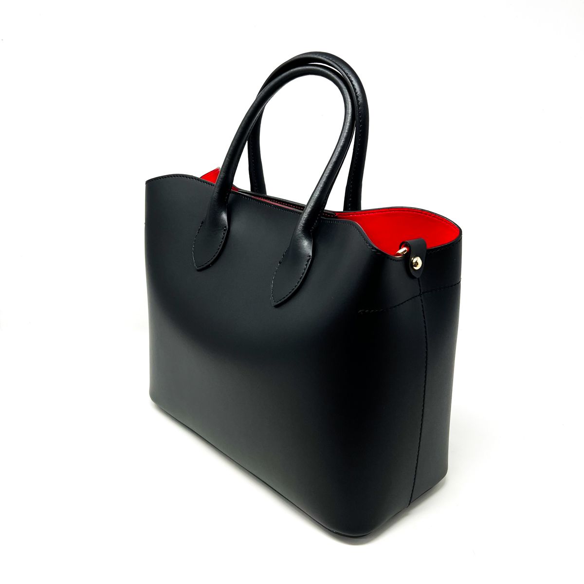 Black leather tote store bag with red inside