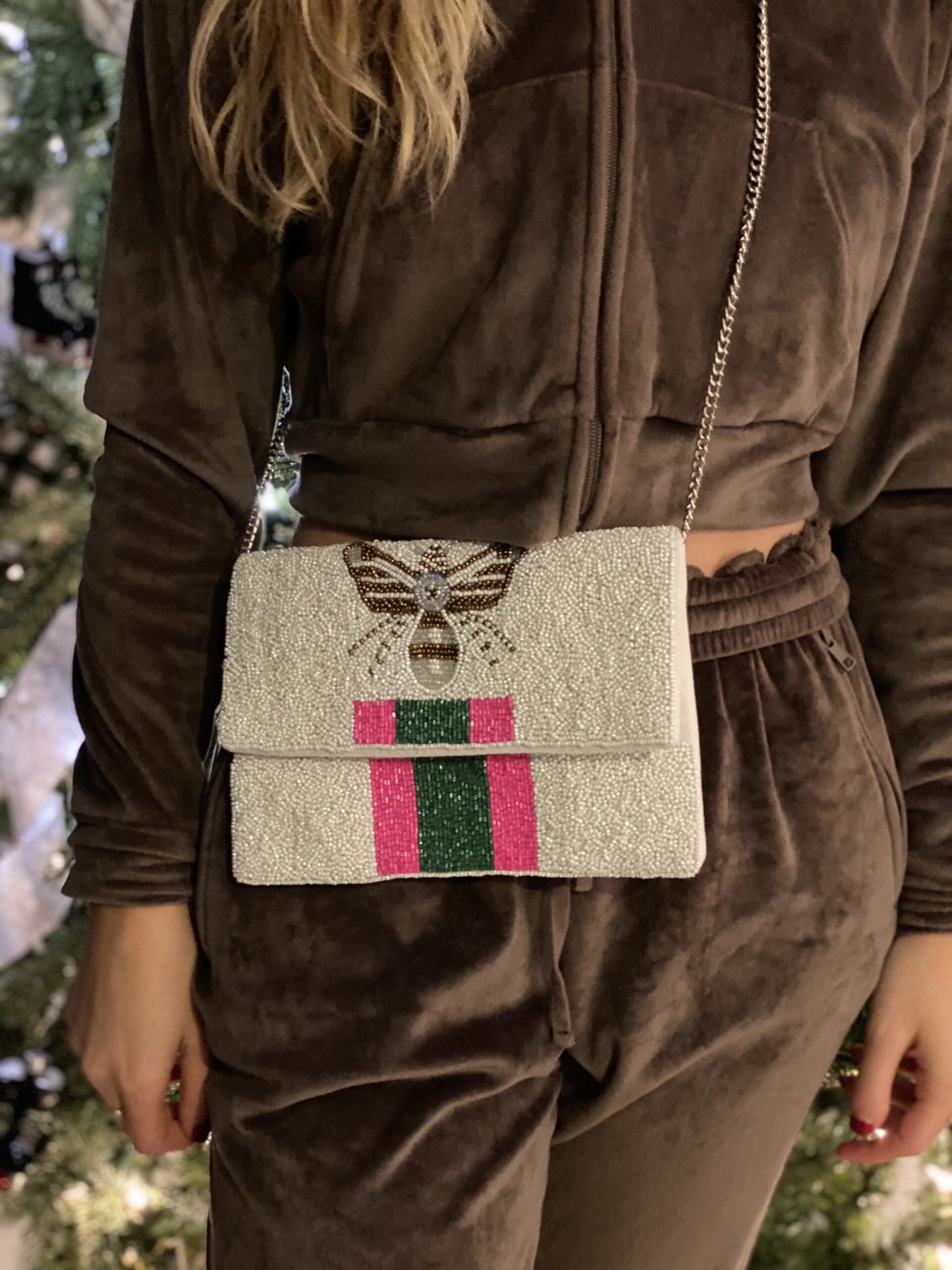 Beaded Bee Crossbody/Clutch In White with Pink Stripe