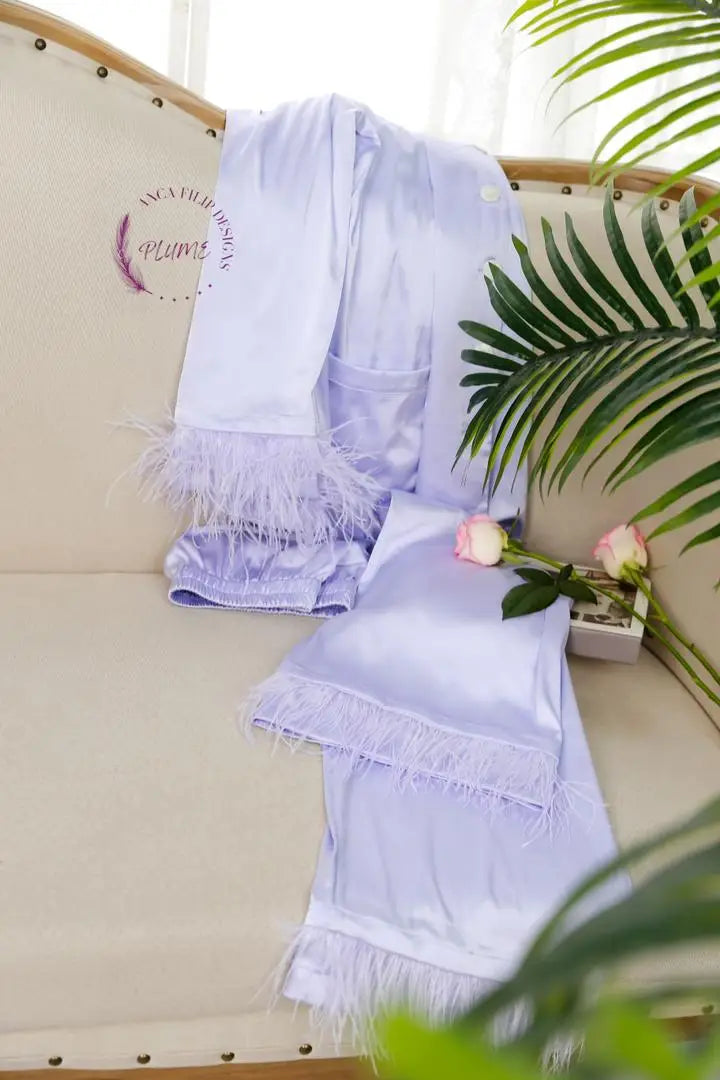 Lavender Detachable feather trim satin pajama