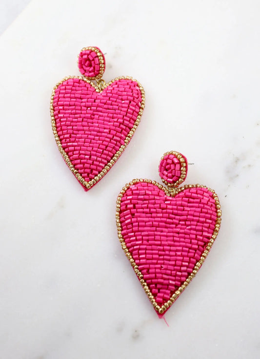 Lovely Heart Beaded Earring Hot Pink