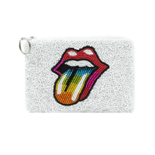 Mouth Coin Purse in White with Rainbow Tongue