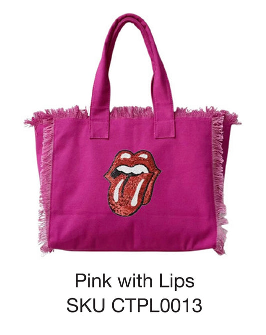 Reagan Sailcloth Tote in Hot Pink with Rhinestone Lips