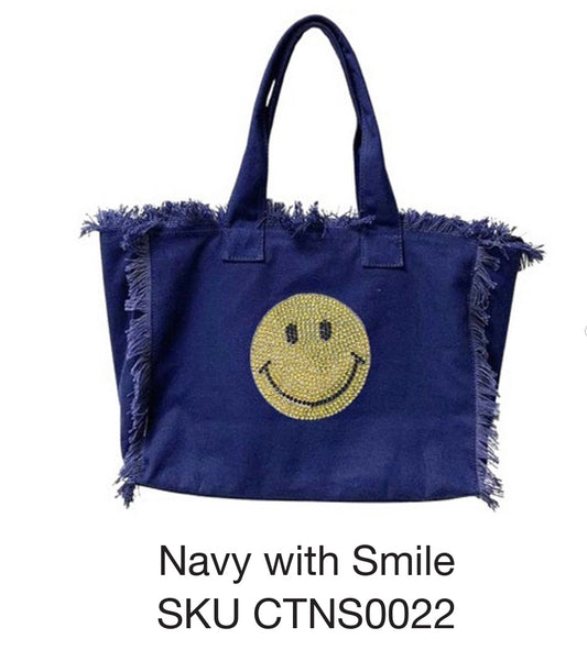 Reagan Sailcloth Tote in Navy Blue with Rhinestone Smile