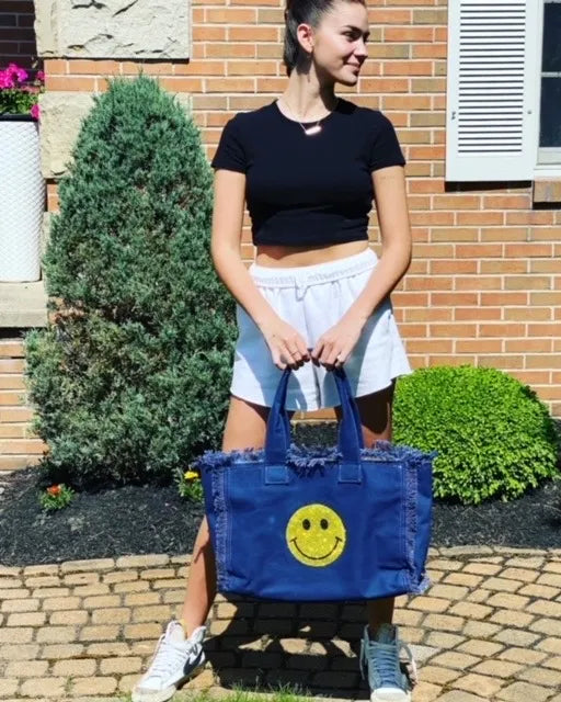 Reagan Sailcloth Tote in Navy Blue with Rhinestone Smile
