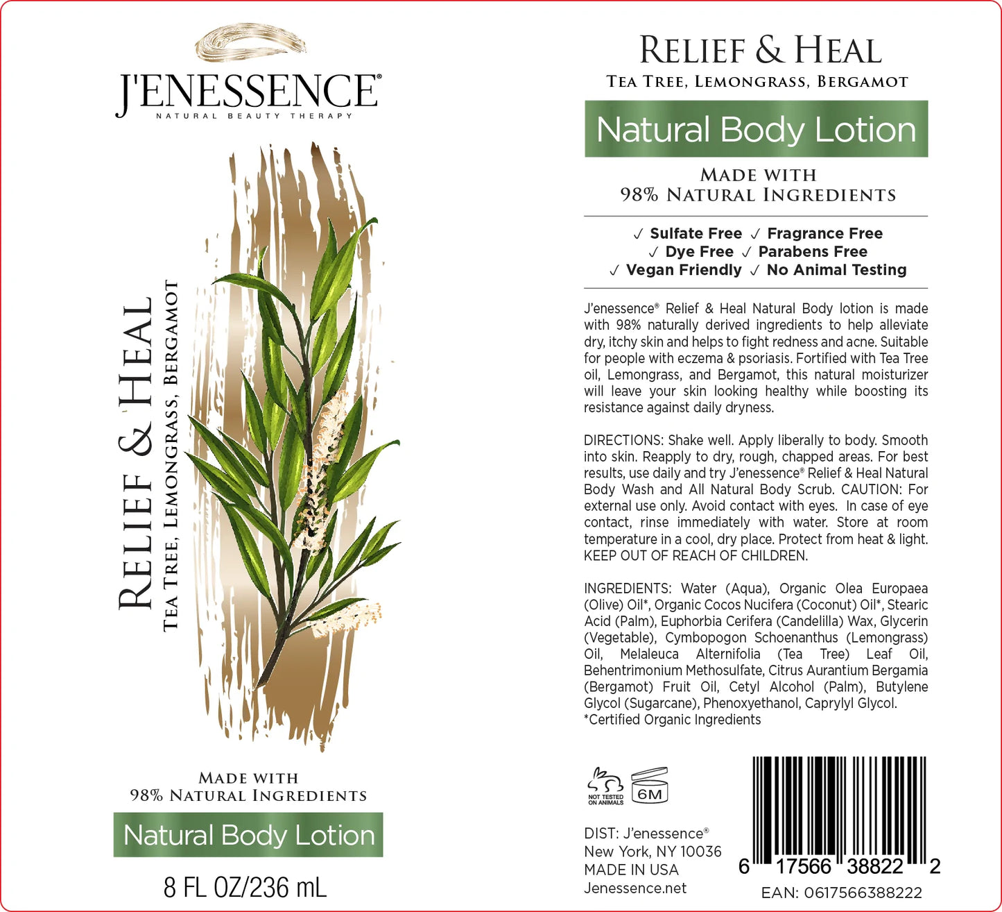 Relief & Heal 98% Natural Therapeutic Body Lotion (Lemongrass, Tea Tree, Bergamot)