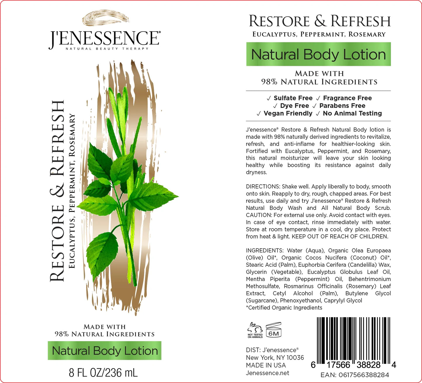 Restore & Refresh 98% Natural Therapeutic Body Lotion (Mint, Eucalyptus, Rosemary)