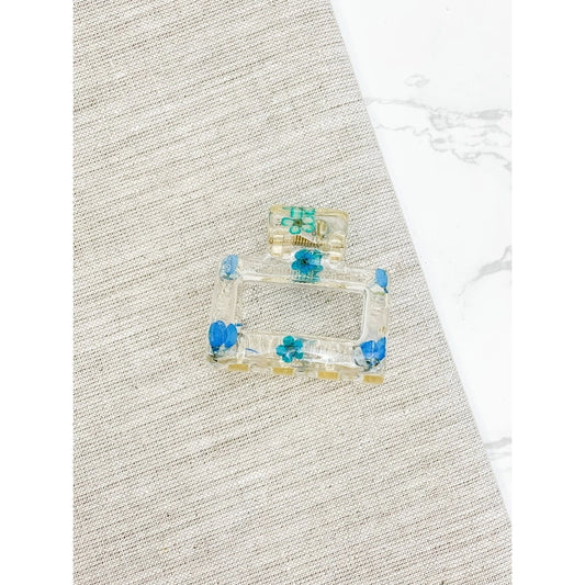 Square Pressed Flower Claw Hair Clips - Blue