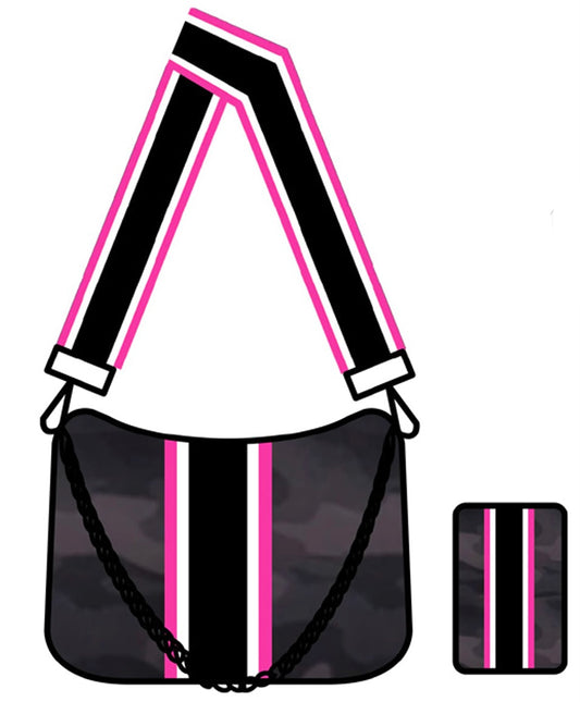 The Carmella Crossbody Hollywood Collection Black Camo with Pink Stripe with Chain and Striped Strap
