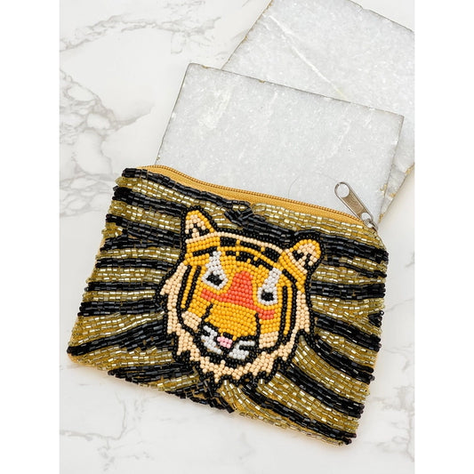 Tiger Beaded Zip Pouch - Black & Gold