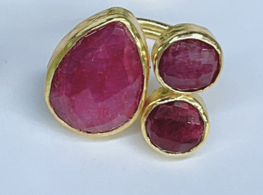 Adjustable Gold Ring with 3 Burgundy Stones
