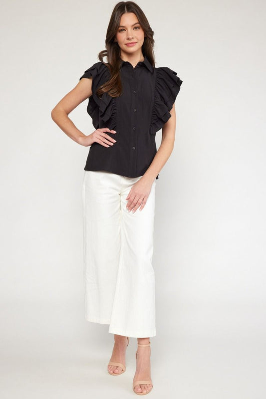 Collared button up top with ruffle in 3 colors