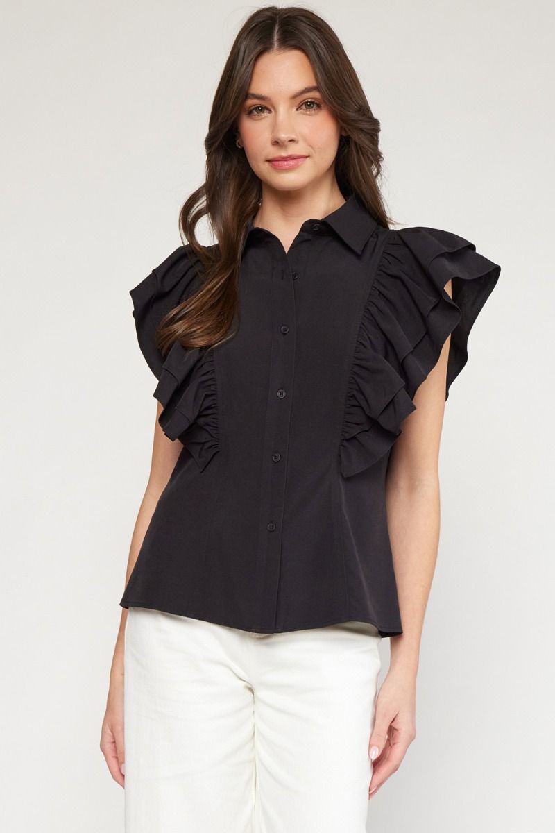Collared button up top with ruffle in 3 colors