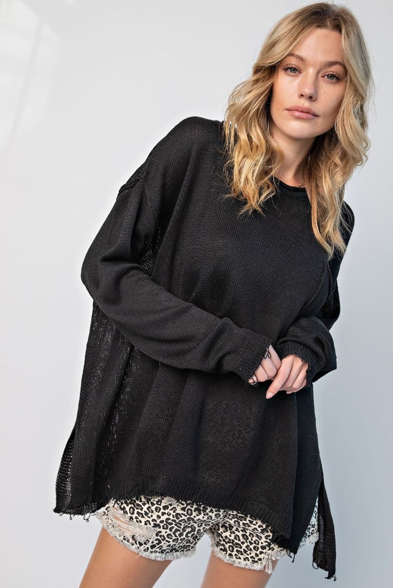 Long Sleeve Knit Pullover Top in Black