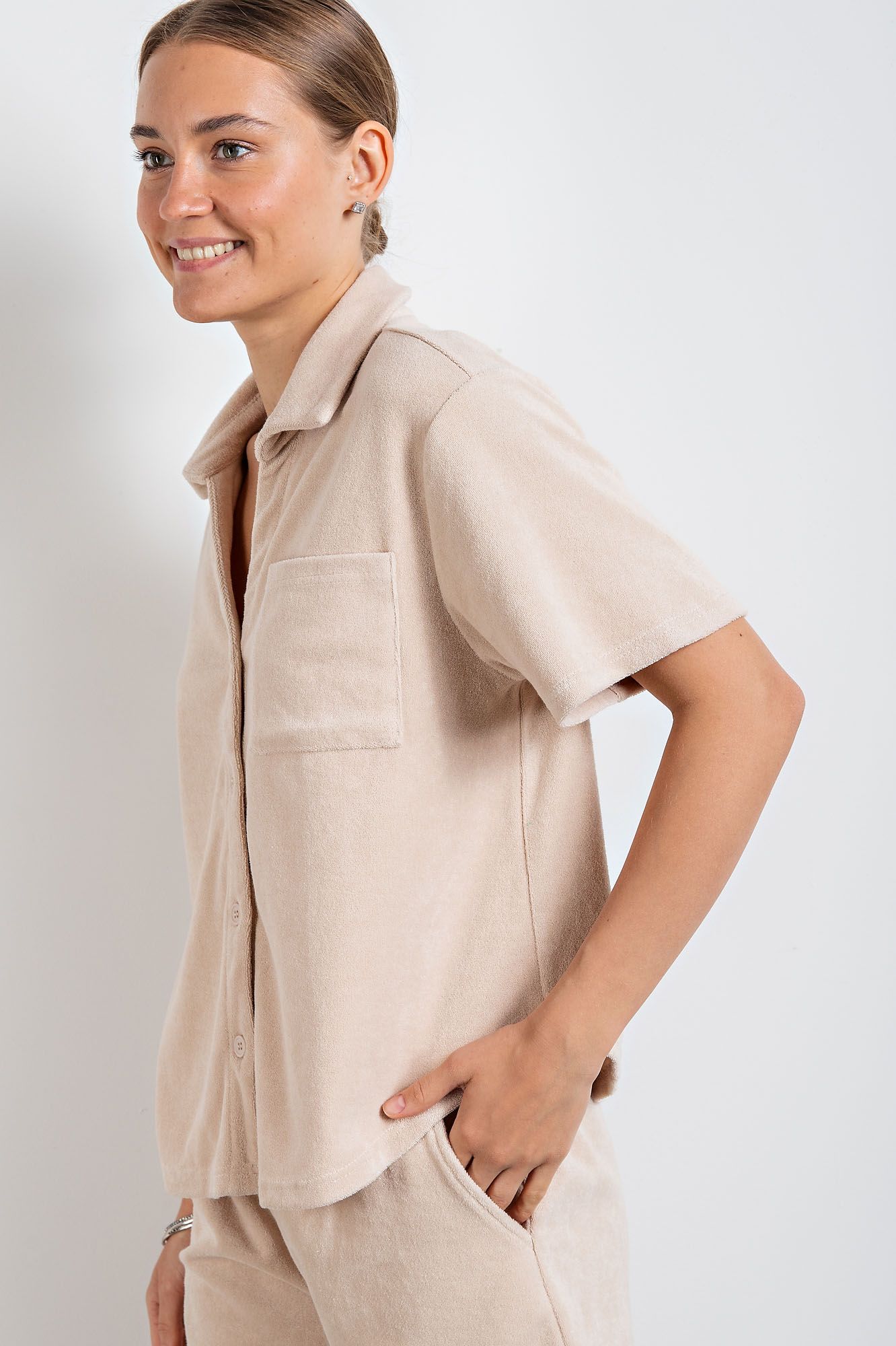 Button Down Short Sleeve Terry Towel Shirt in 3 Colors
