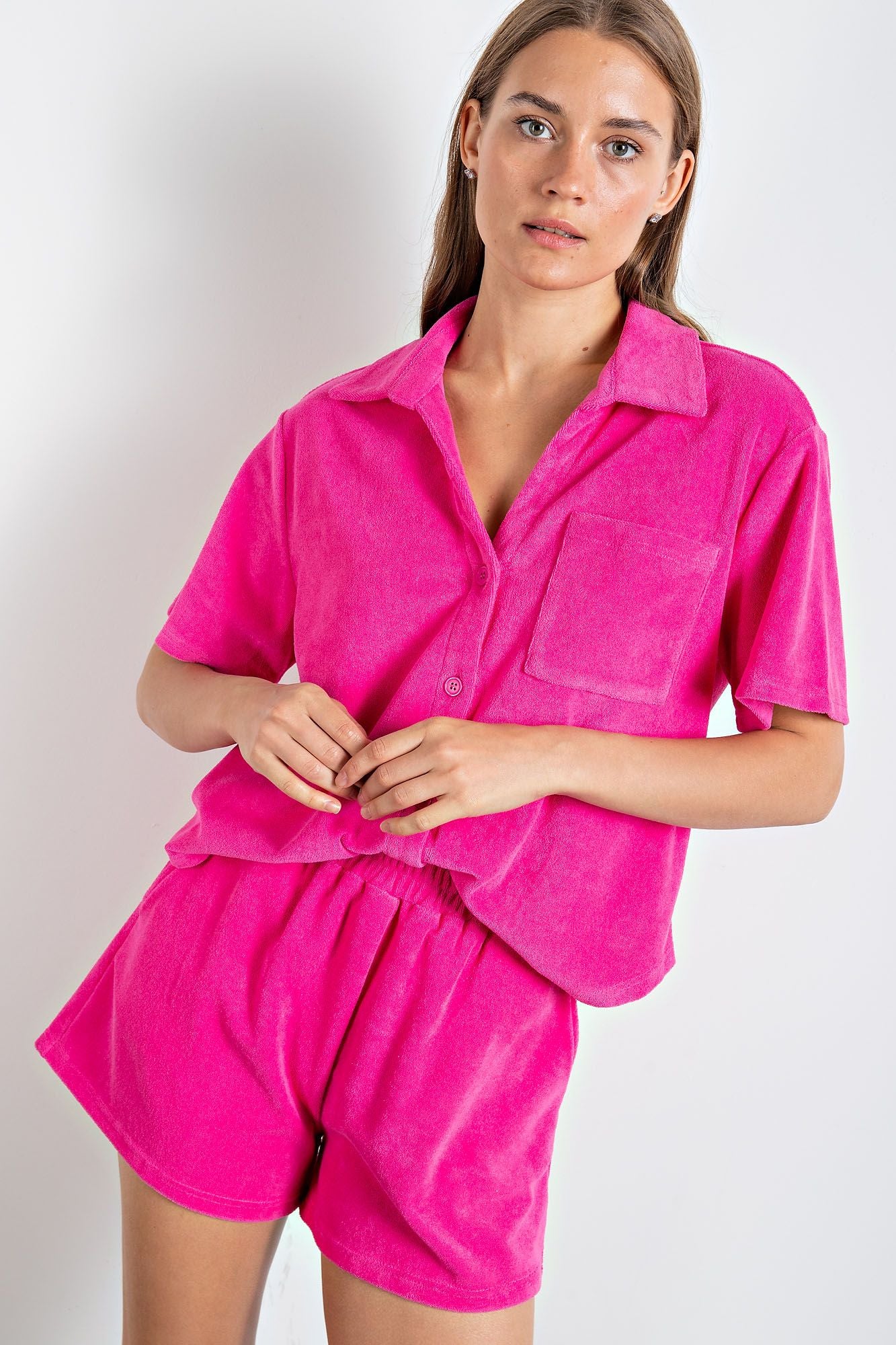 Button Down Short Sleeve Terry Towel Shirt in 3 Colors