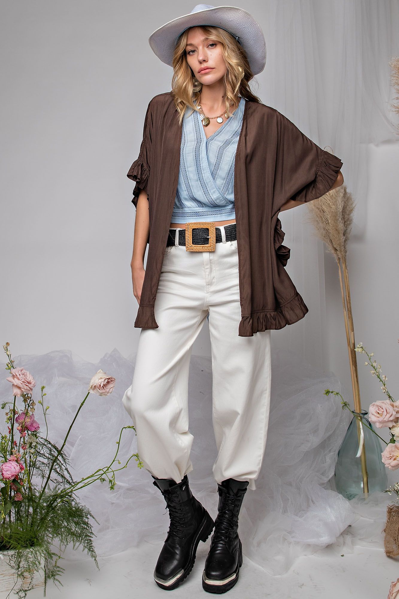 Ruffled Satin Kimono in Ash Brown