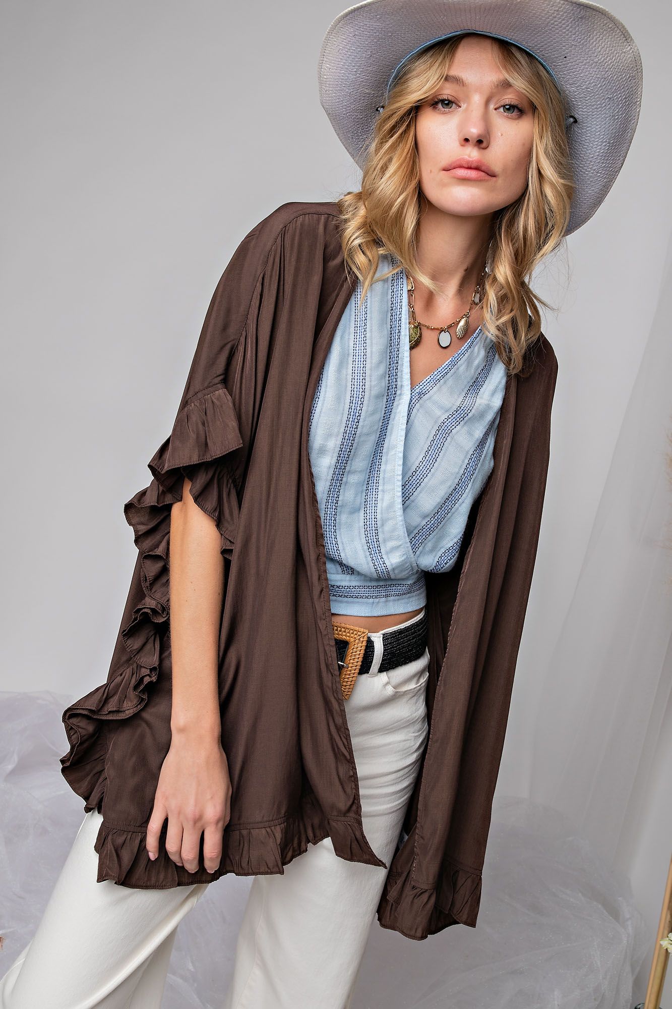 Ruffled Satin Kimono in Ash Brown