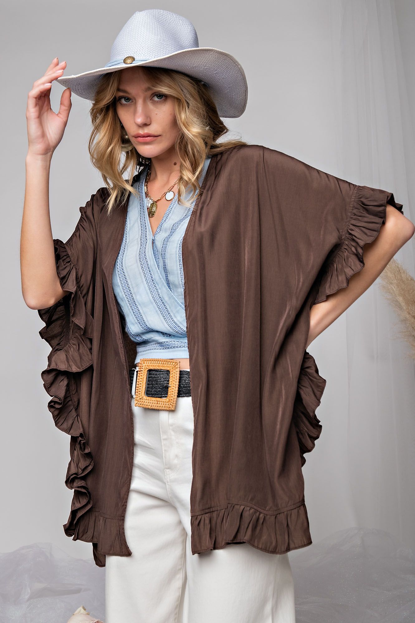 Ruffled Satin Kimono in Ash Brown