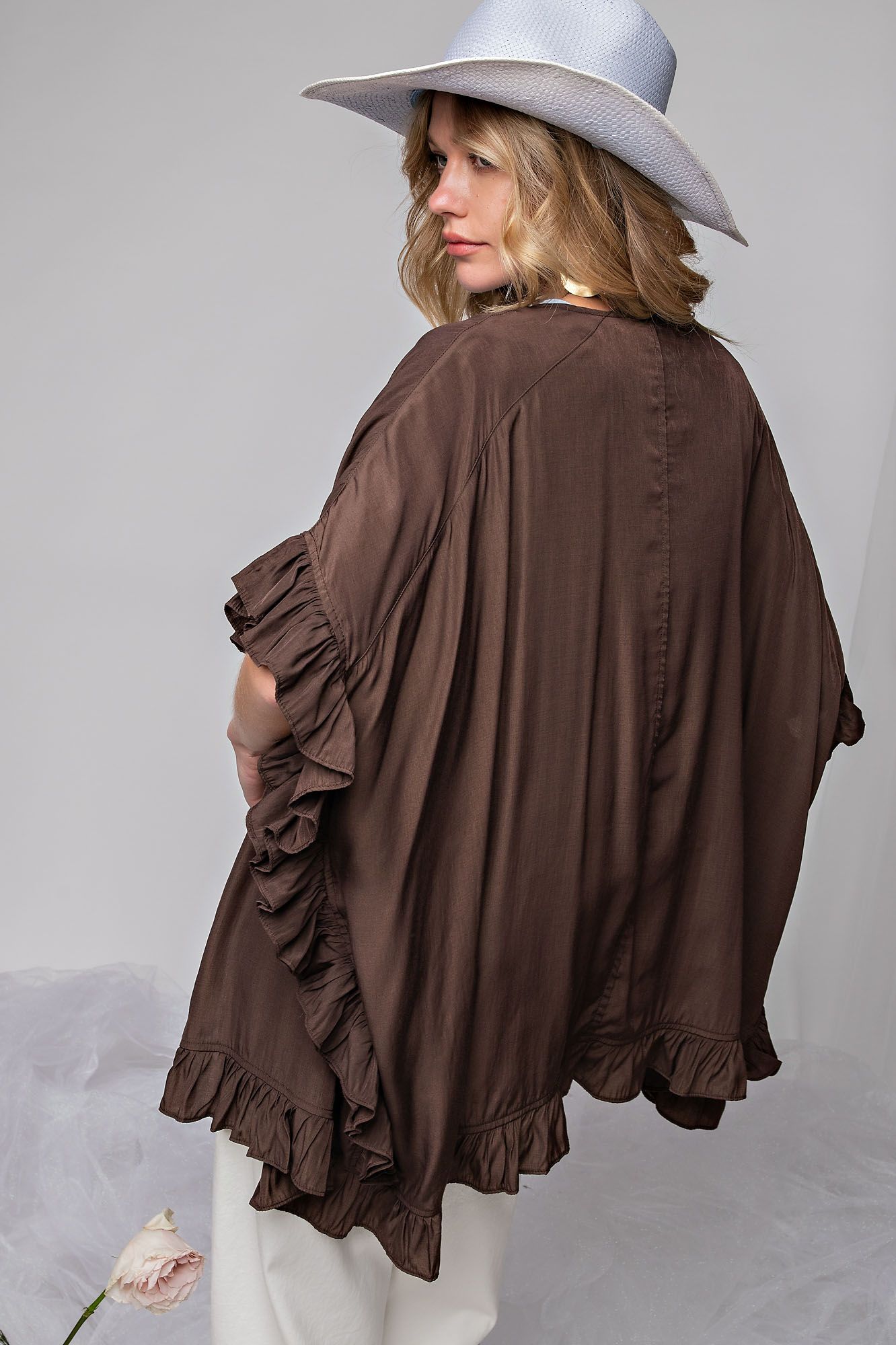 Ruffled Satin Kimono in Ash Brown