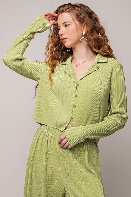 Pleated Satin Button Down Shirt Top and Pants Set in Pear Green