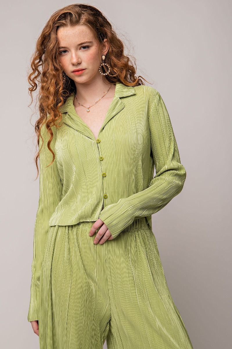 Pleated Satin Button Down Shirt Top and Pants Set in Pear Green