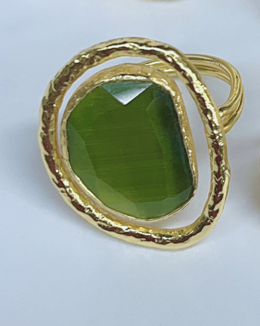 Adjustable Gold Ring with Green Stone