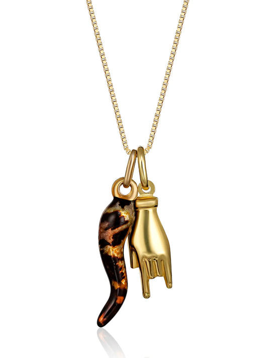 Leopardo Cornicello and Gold Hand Necklace